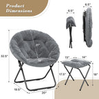 Athena Collection Oversized Saucer Chair with Ottoman, Comfy Lazy Chair for Bedroom Living Room, Folding Round Cozy Moon Chair Faux Fur Metal Frame Foldable Reading Chair for Adults, Grey