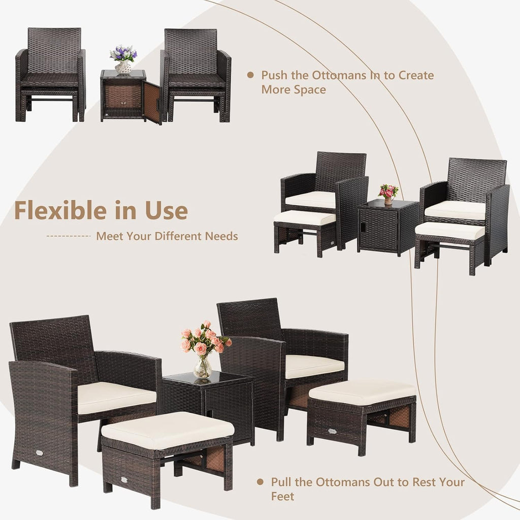 COSTWAY 5PCS Patio Rattan Furniture Set, Cushioned Sofa Chairs with Ottomans and Side Table, Outdoor Wicker Conversation Sets for Deck Backyard Garden Porch, White