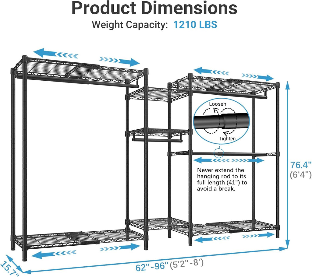 VIPEK Classic V6X Dynamic Closet System, Expandable Freestanding Clothes Rack with Shelves & Hanging Rods, Adjustable Width 62"-96", Modular Metal Clothing Rack Organizer for Reach-in Closet
