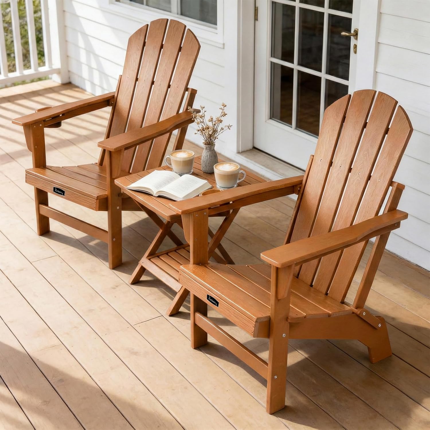 FUNBERRY Folding Adirondack Chairs Set of 2, HDPE Stable Gun-Leg Design Fire Pit Chairs with Cupholder All Weather for Outside