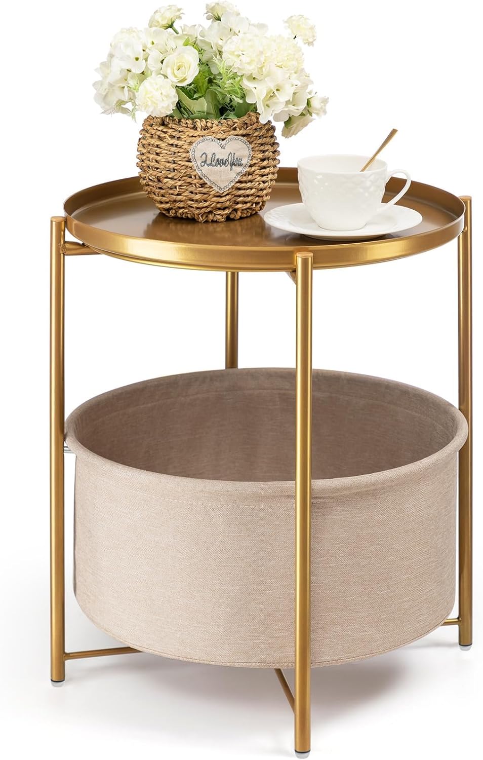 danpinera Gold Side Table with Fabric Storage Basket, Metal Round Side Small Bedside Table Nightstand with Removable Tray for Living Room, Bedroom, Outdoor Table for Patio, Nursery, Bathroom, Gold