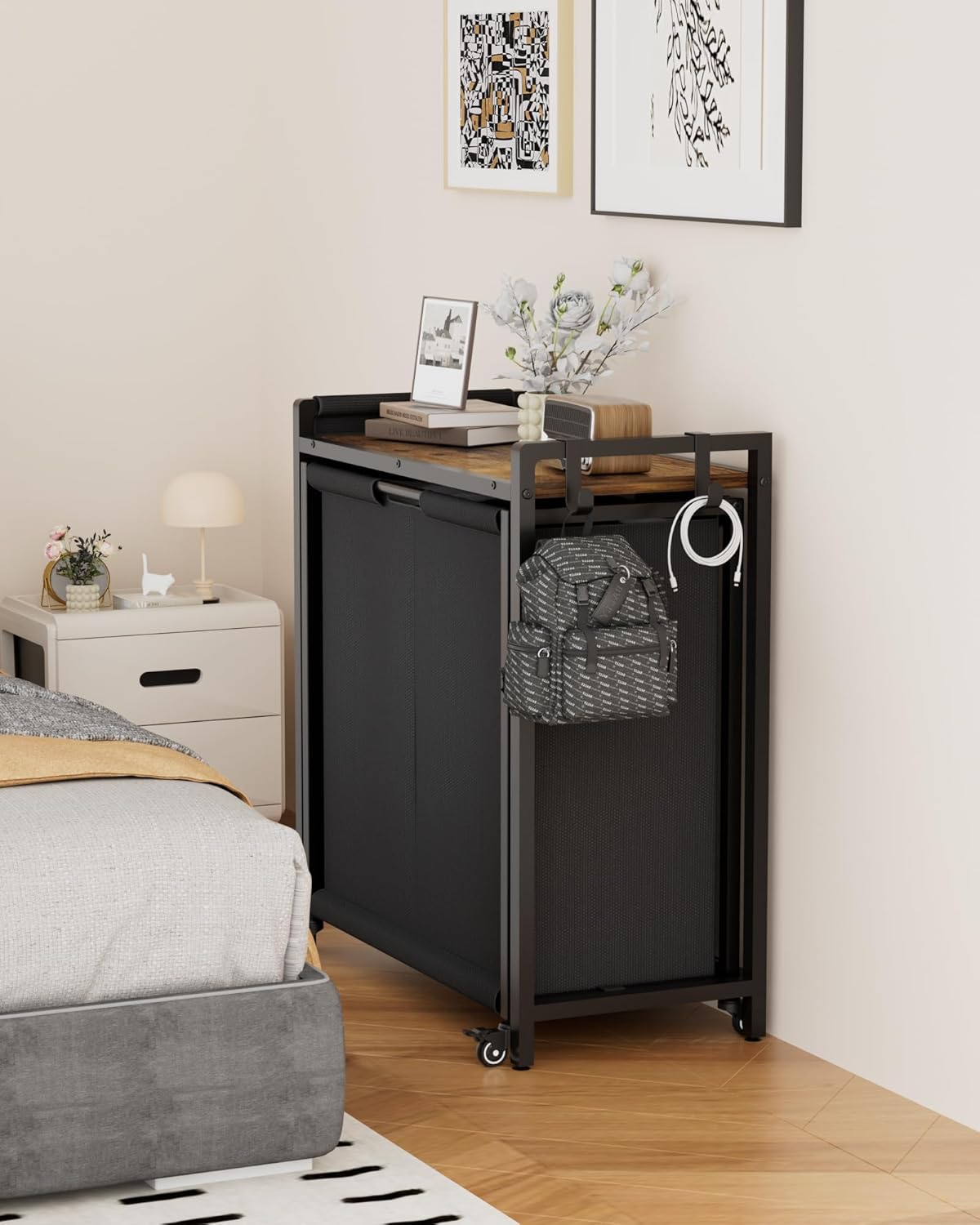 Laundry Hamper 2 Section: Laundry Sorter with Pull-Out Cart - Rolling Laundry Basket Organizer with Shelf and Wheels - Clothes Hamper for Laundry Room Bathroom Bedroom