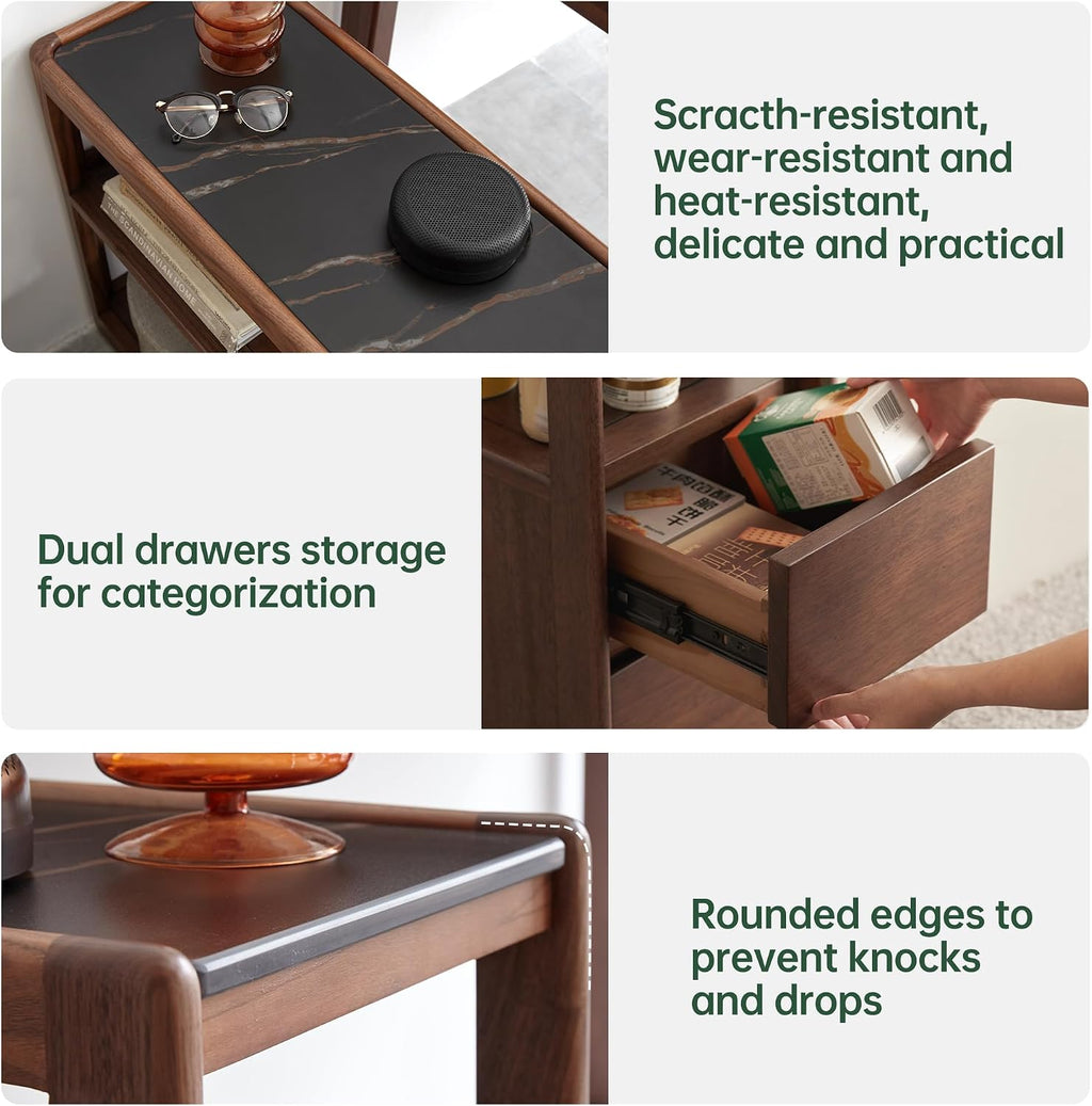 Solid Wood End Table with Storage Drawers, Narrow Side Table for Couch | 2 drawers, hidden wheels and slim design make this narrow side table perfect for couches, bedrooms and small spaces.