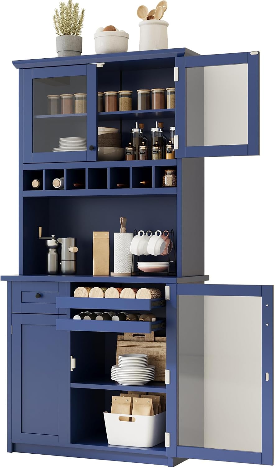 Merax Kitchen Pantry Cabinet, 74”Storage Cabinet with 2 Bottle Trays & 3 Adjustable Shelves, Kitchen Cabinets with Drawer and 7 Wine Rack, Glass Door, Tall Cabinets for Pantry, Blue