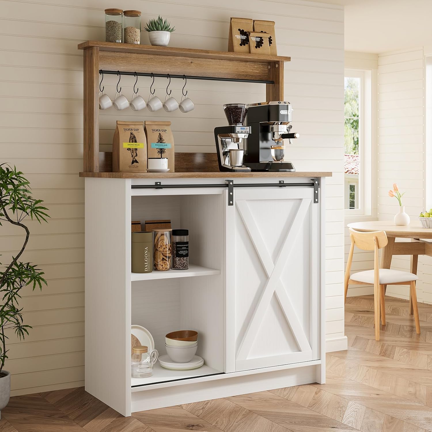 4ever2buy Farmhouse Coffee Bar with Hutch, White Coffee Bar Cabinet with Storage Sliding Barn Door, 31 Inch Buffet Cabinet with 6 Hooks, Coffee Bar Table with Adjustable Shelves for Living Dining Room