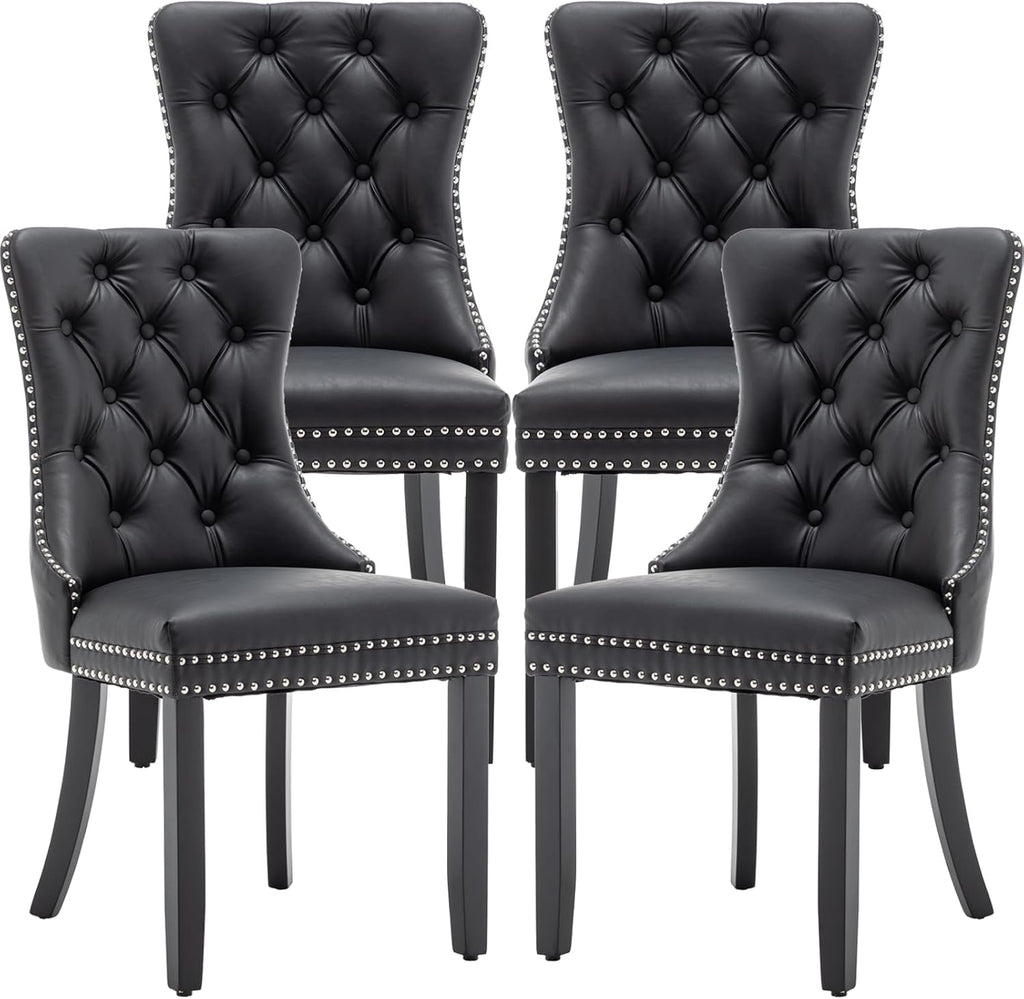 Leather Dining Chairs Set of 4, Upholstered Dining Room Chairs with Nailhead Trim, Sillas de Comedor Modernas 4, Wooden Kitchen Chairs for Dining Room, Living Room, Kitchen, Bedroom, Black