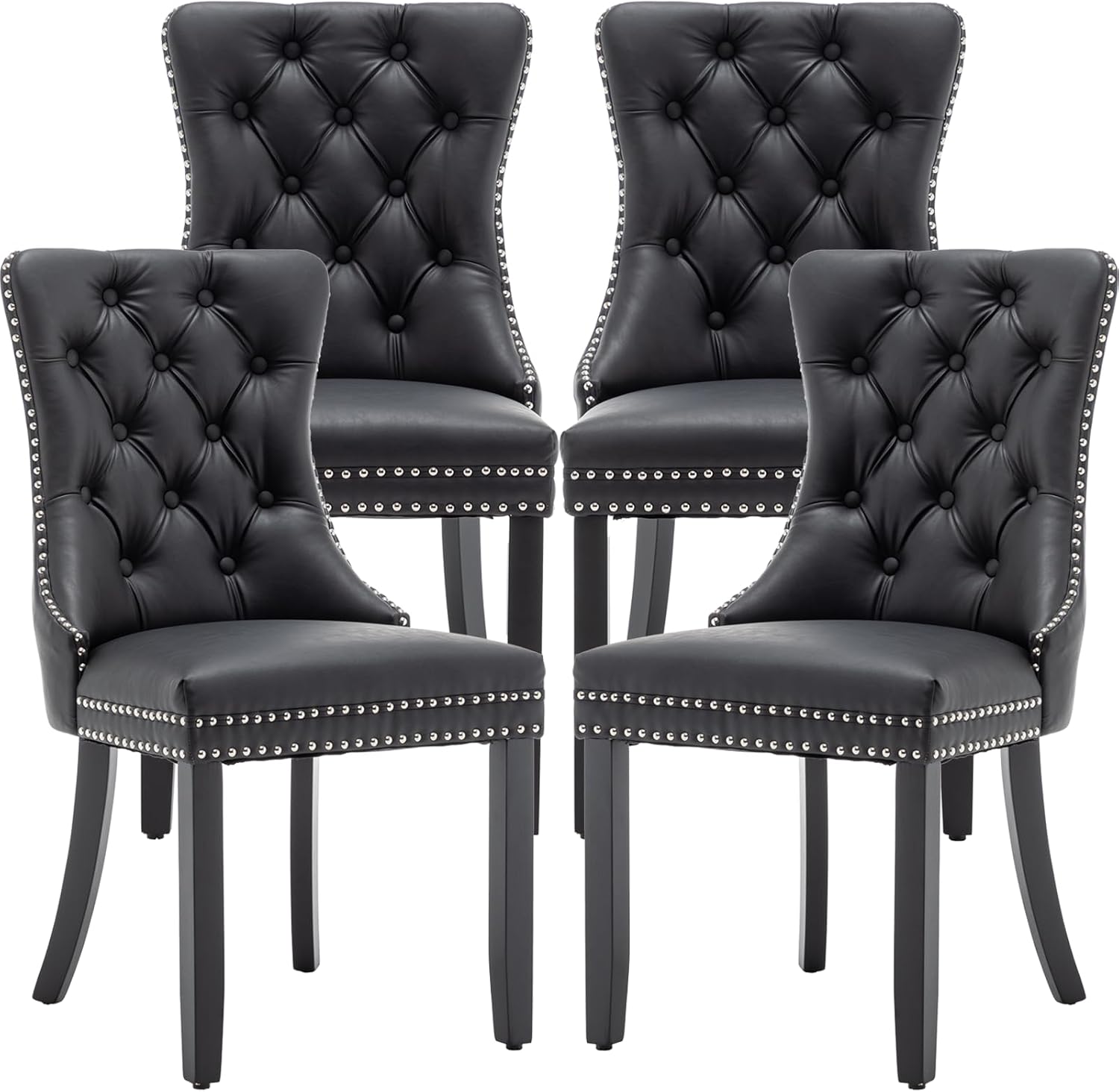 Leather Dining Chairs Set of 4, Upholstered Dining Room Chairs with Nailhead Trim, Sillas de Comedor Modernas 4, Wooden Kitchen Chairs for Dining Room, Living Room, Kitchen, Bedroom, Black
