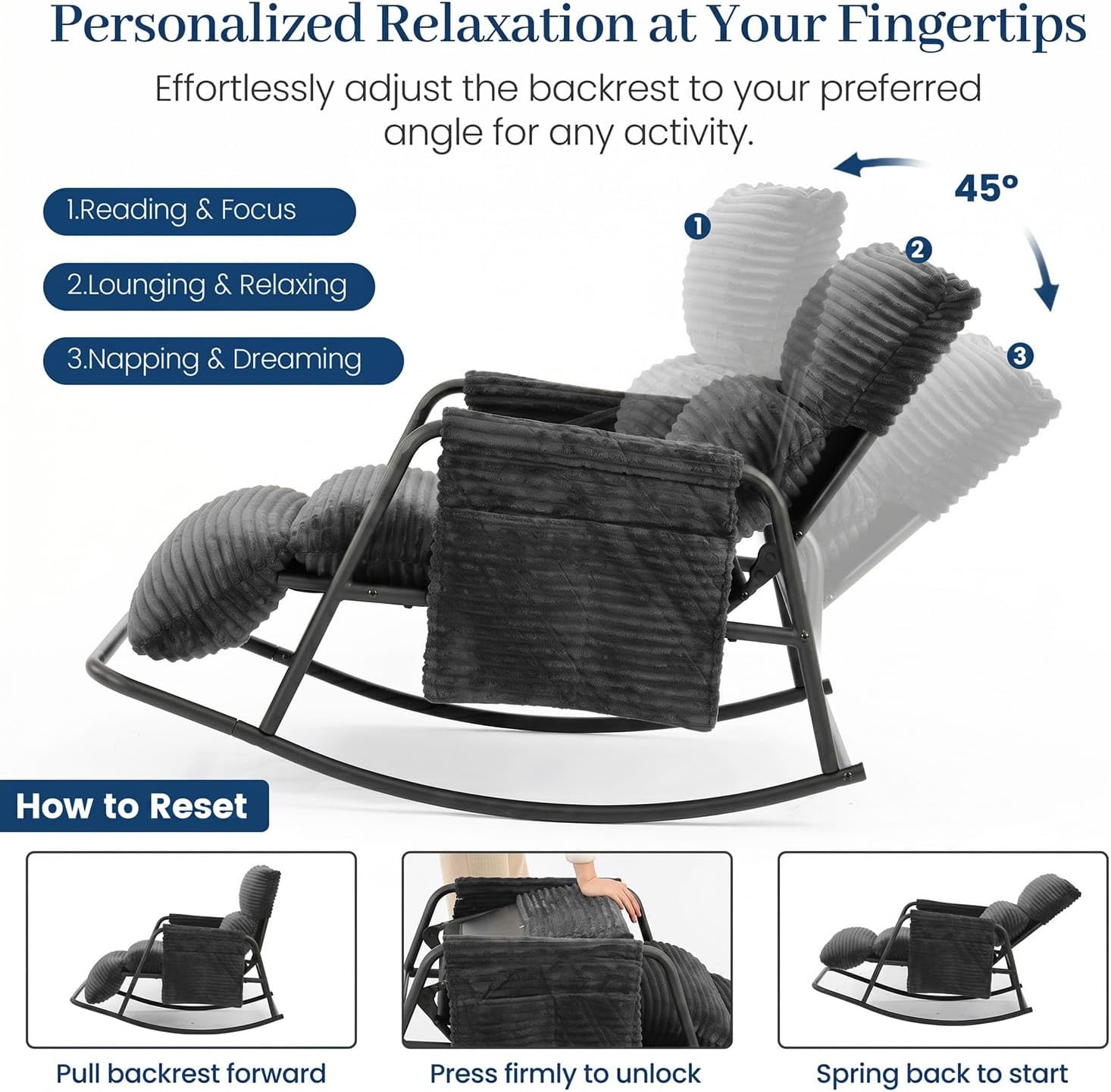 Oversized Outdoor Rocking Chair with Corduroy Cushions, 3-Level Adjustable Metal Patio Rocker with Footrest, Comfy Modern Lounge Chair for Porch, Balcony, Indoor (Gray)