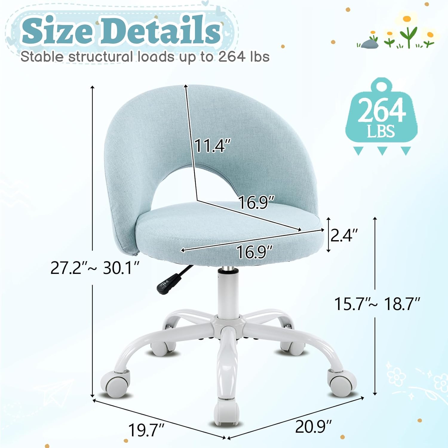 VINGLI Small Vanity Chair with Wheels for Girls.Cute Modern Adjustable Height Armless Office Desk Chair.360°Swivel Comfy Rolling Chair for Study, Make up Room,Small Space,Linen Light Blue