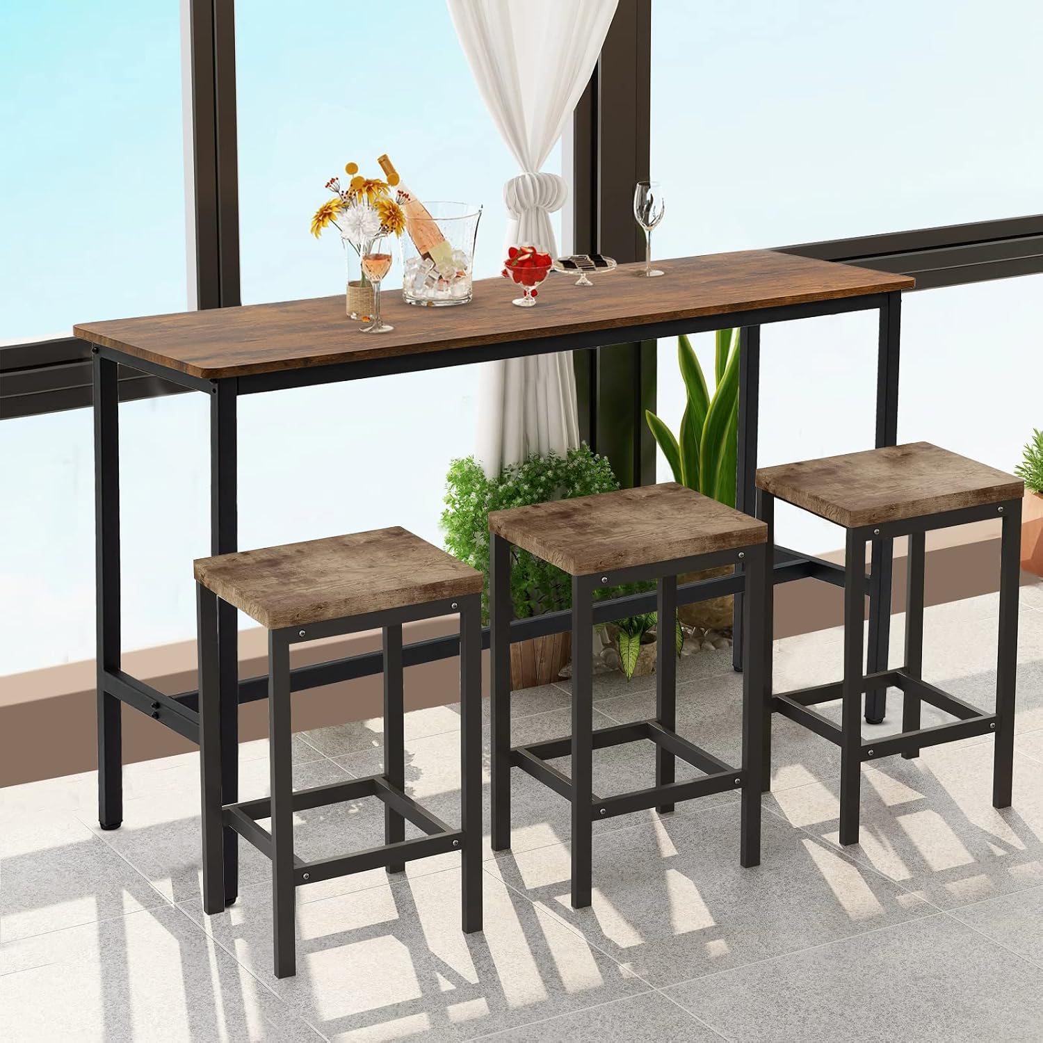 44.5" Bar Table, Pub Table with Adjustable Feet Floor Protector, Narrow Rectangular Kitchen Counter Bar Tables, Sofa High Top Tables with Black Metal Legs, Rustic Brown
