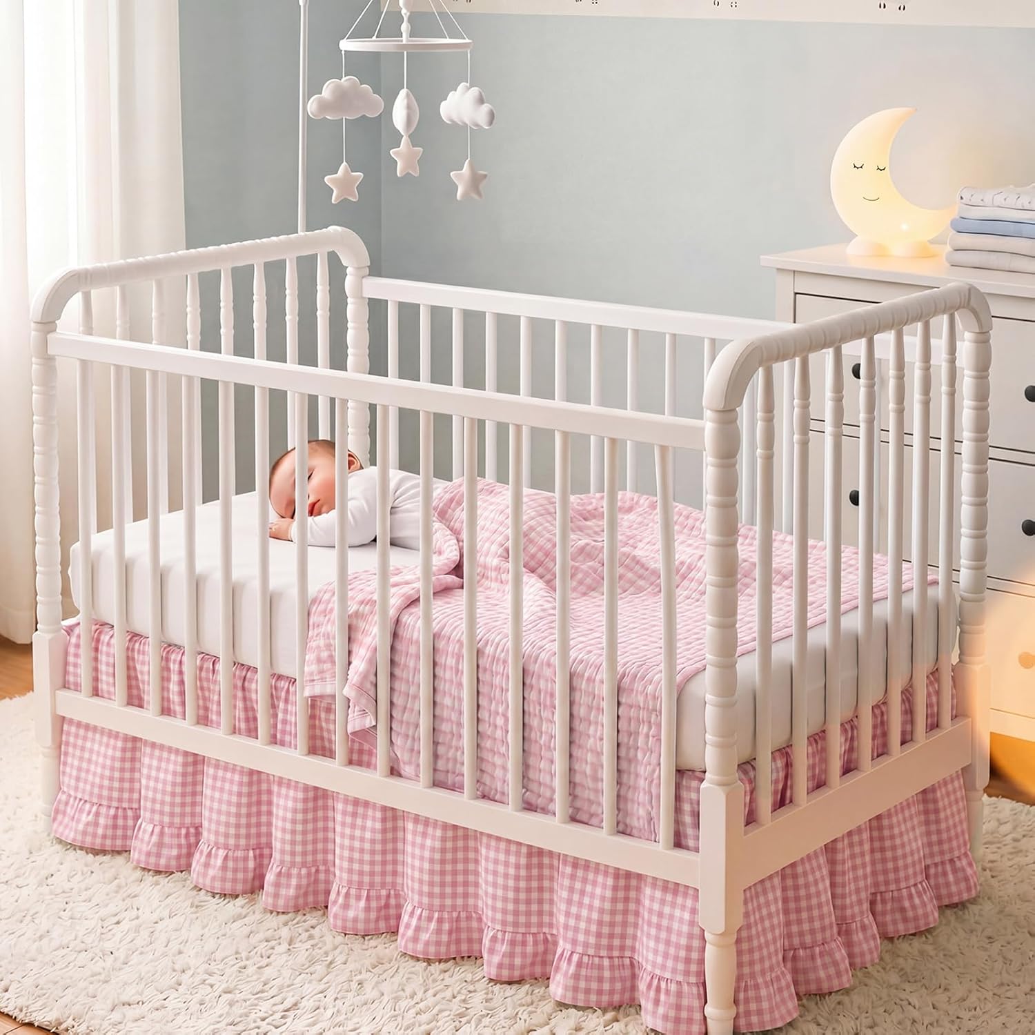 Gingham Crib Skirt Dust Ruffle 52 x 28 Inch 100% Washed Cotton Ruffle Plaid Baby Crib Bed Skirt Soft Farmhouse for Boys & Girls Nursery Bedding Decor, Fits Standard Cribs(Pink)
