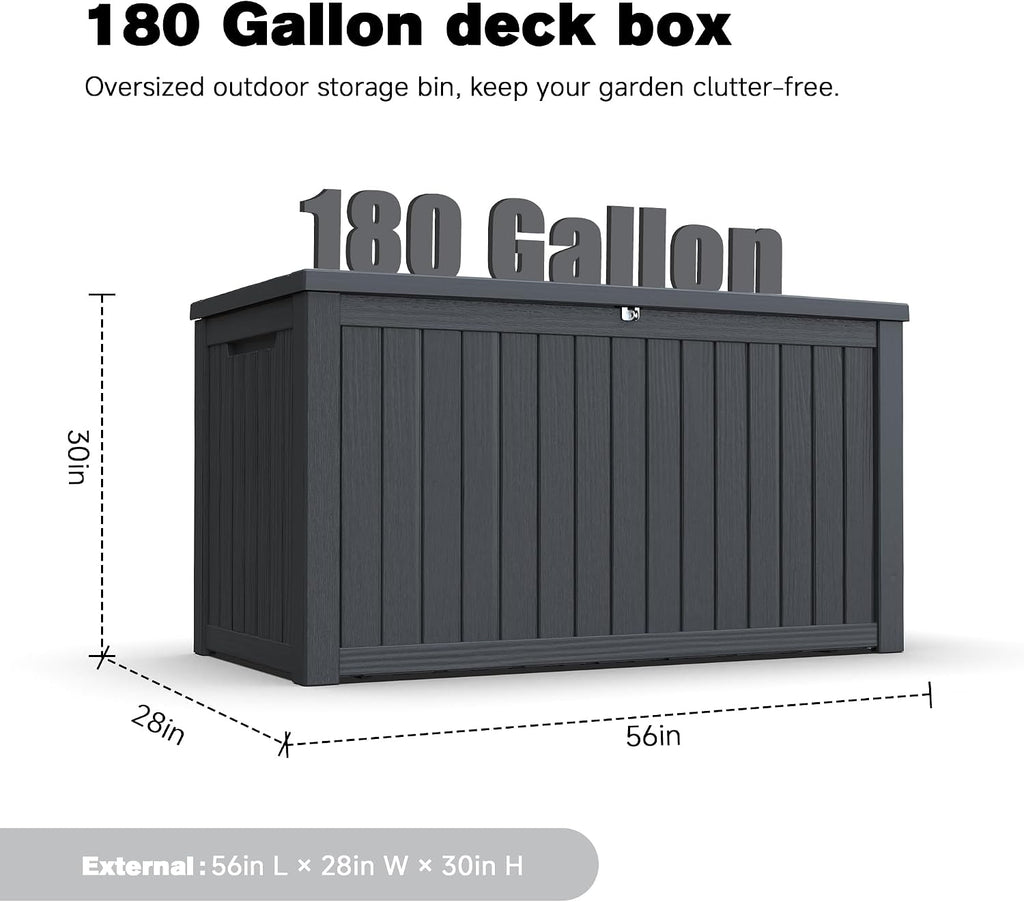 XXL Deck Box Outdoor Storage, Large Waterproof Resin Patio Furniture Cushion Organizer, Heavy Duty Lockable Garden Bench with Double-Wall Construction, Wood Grain Black (180, Gallons)