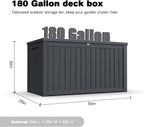 XXL Deck Box Outdoor Storage, Large Waterproof Resin Patio Furniture Cushion Organizer, Heavy Duty Lockable Garden Bench with Double-Wall Construction, Wood Grain Black (180, Gallons)