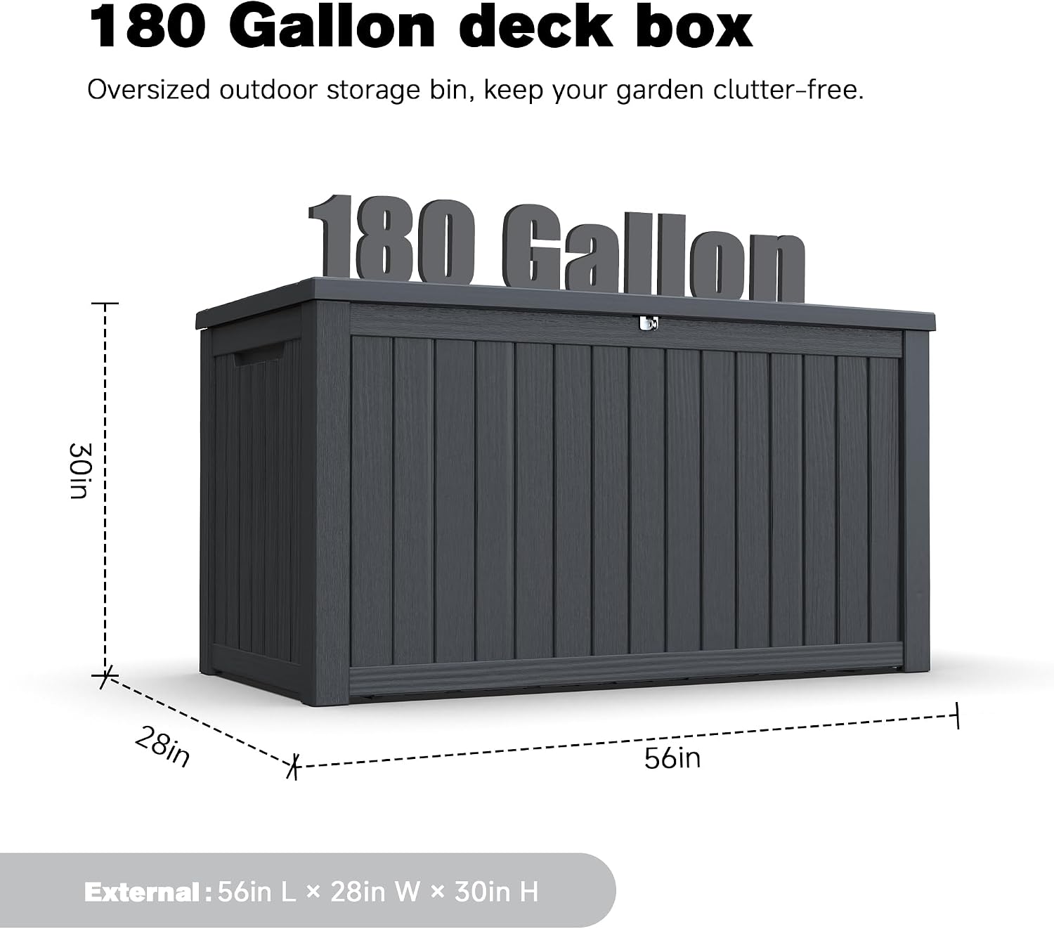 XXL Deck Box Outdoor Storage, Large Waterproof Resin Patio Furniture Cushion Organizer, Heavy Duty Lockable Garden Bench with Double-Wall Construction, Wood Grain Black (180, Gallons)