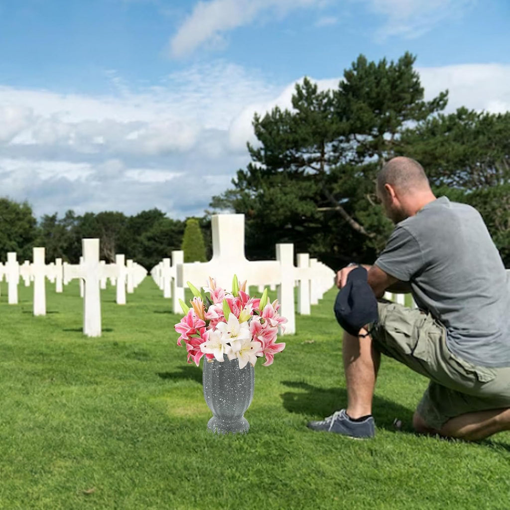 2PCS Cemetery Vases for Grave-Durable Plastic Grave Vases Flower Holder with Metal Spikes Bow Decor for Cemetery Headstones, Outdoor Grave Decorations for Memorial Gifts for Loss of Loved One - Grey