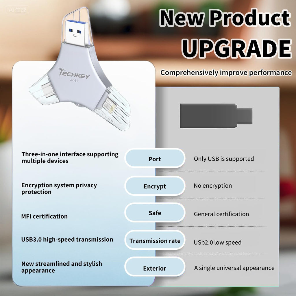 USB Flash Drive for iPhone/iPad, MFi Certified 3in1, 256GB, Silver | External Memory Photo Storge Keeper, Type c/USB 3.0 High Speed, Compatible with Android/PC, Picture/Video/Data Backup
