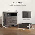 Farmhouse End Table Set of 2, Rustic Wood Nightstand with Charging Station, 2 Large Drawers & Open Storage, Bedside Table with USB-C Ports for Living Room Bedroom (Gray Oak)