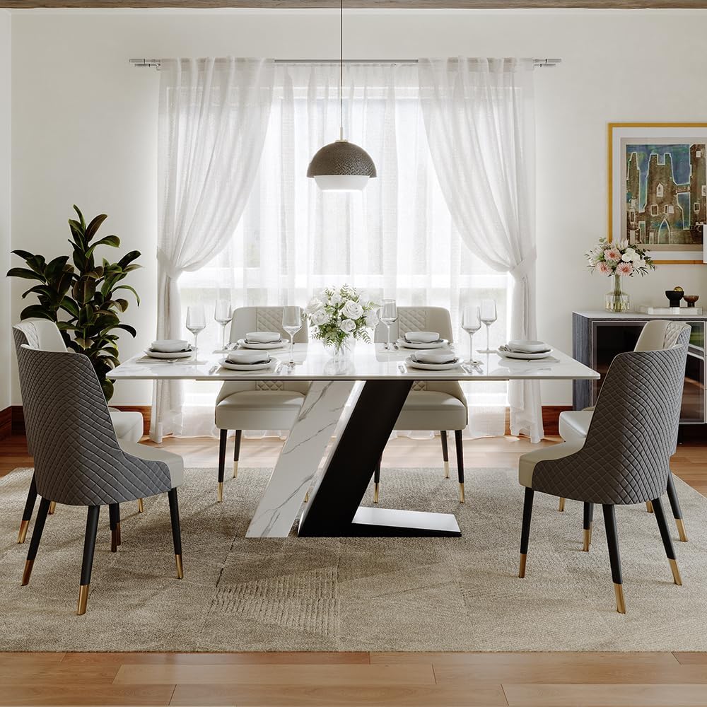 POVISON 71" Luxury Modern Dining Table for 6, Sintered Stone Dining Table Top with Z-Shaped Stainless Steel Pedestal, Rectangle Dining Room Table (Table Only)