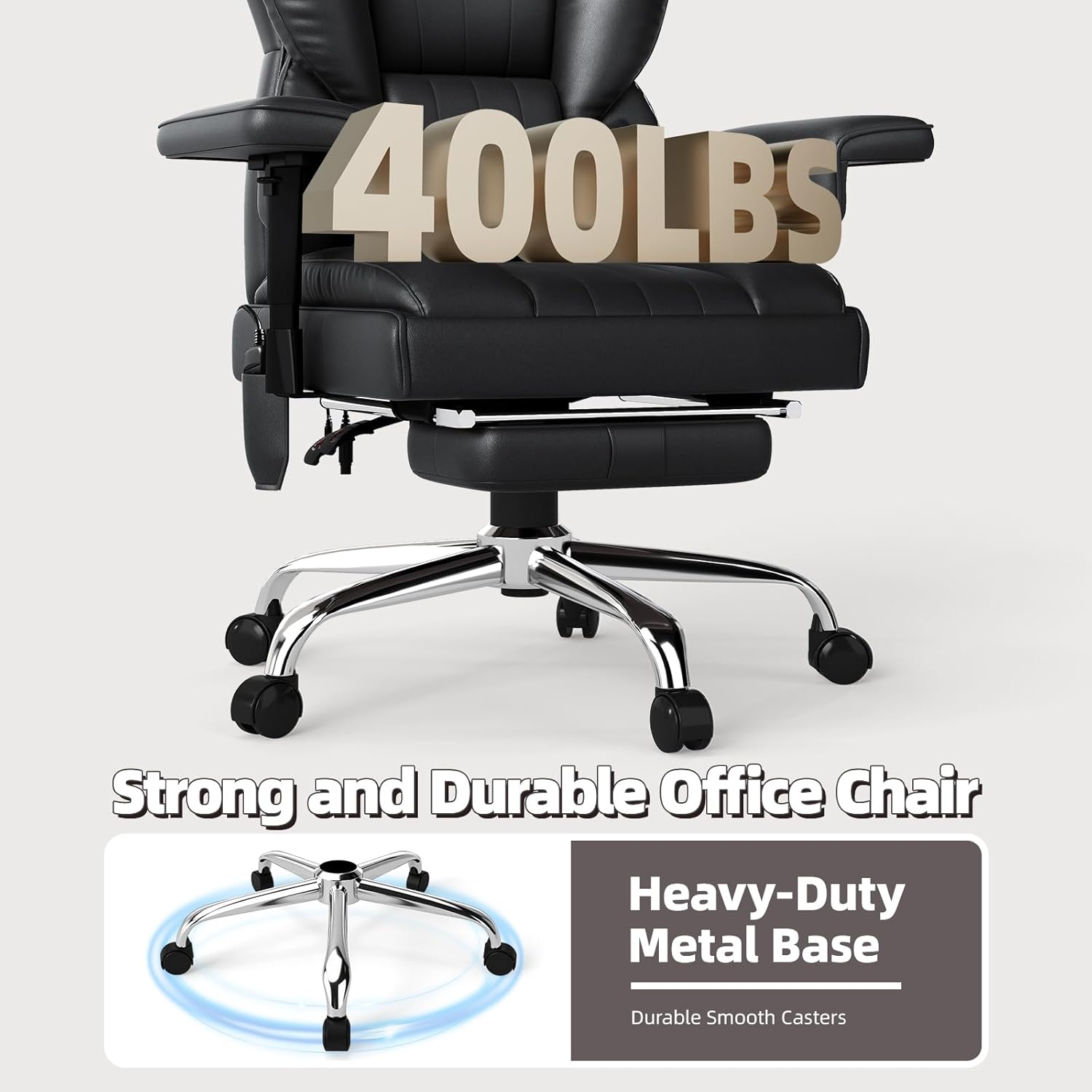 6 Points Massage Office Chair with Foot Rest - 400LBS Executive Office Chair with Adjustable Headrest, Armrest and Lumbar Pillow, Comfortable Leather Desk Chair for Home Office, Black