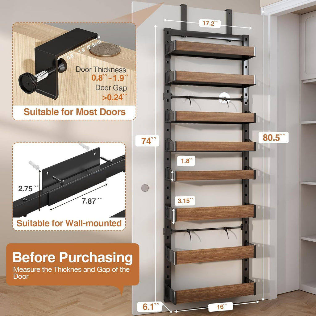 8-Tier Over The Door Pantry Organizer, Heavy-Duty Metal Wall Mount or Hanging Spice Rack, behind the door storage Shelves with Adjustable Basket, Back of Door Organizer for Kitchen Cabinet and Closet