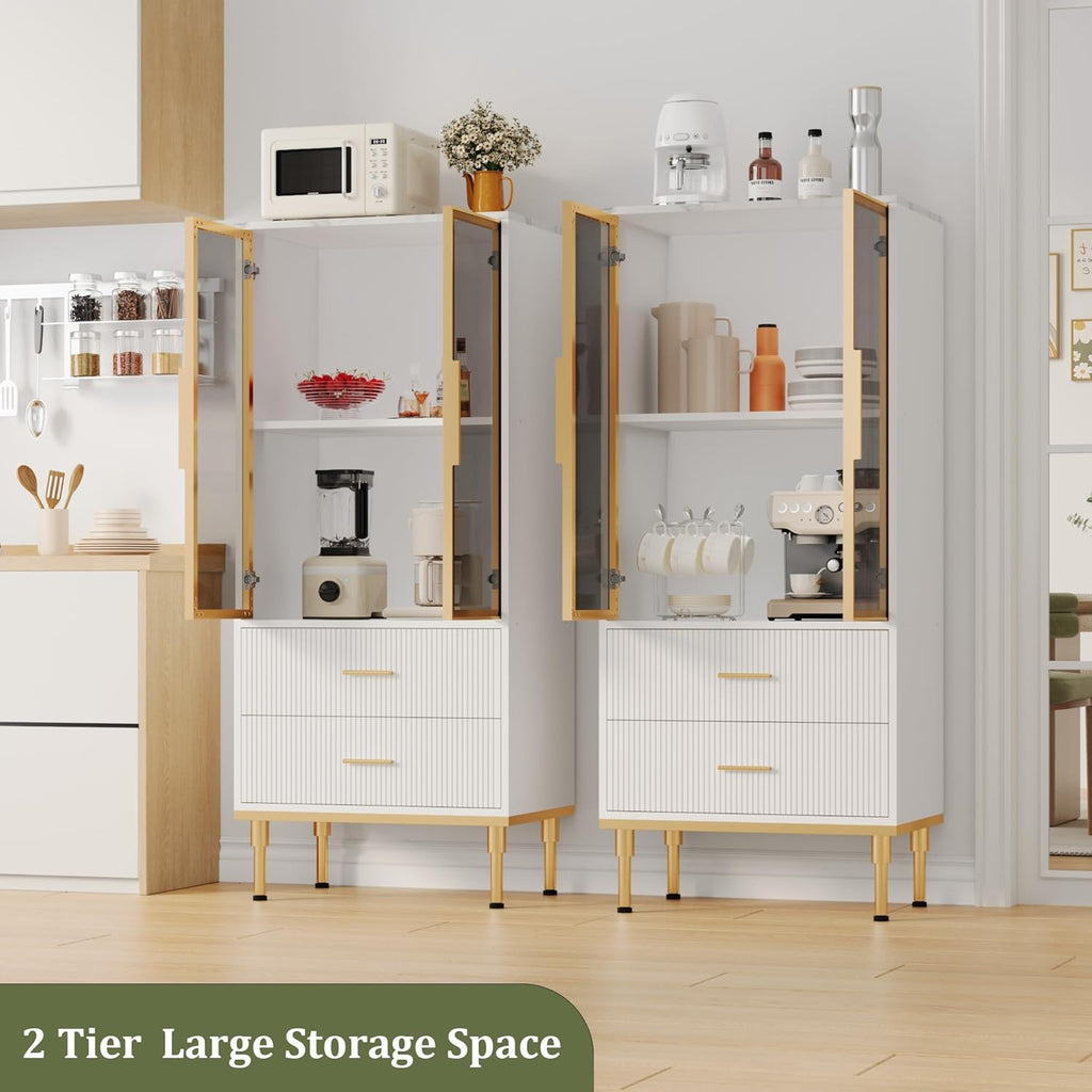 Garvee Fluted Pantry Cabinet with Glass Door and 2 Drawers, Kitchen Pantry Storage Cabinet with Adjustable Shelves, Modern Display Sideboard for Kitchen, Dining Room, Living Room, White