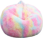 Fluffy Stuffed Animal Storage Bean Bag Chair Cover (No Filler), Faux Fur Comfy Bean Bag Cover for Organizing Plush Toys or Textile, for Adults Teens Kids Girls, Rainbow