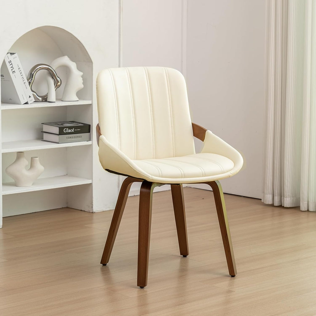 Mid Century Modern Faux Leather Upholstered Dining Chairs,Armless Accent Chairs with Sturdy Natural Wood Legs,Bamboo Backrest Support for Kitchen&Dining Room Chairs(1PCS,Beige)