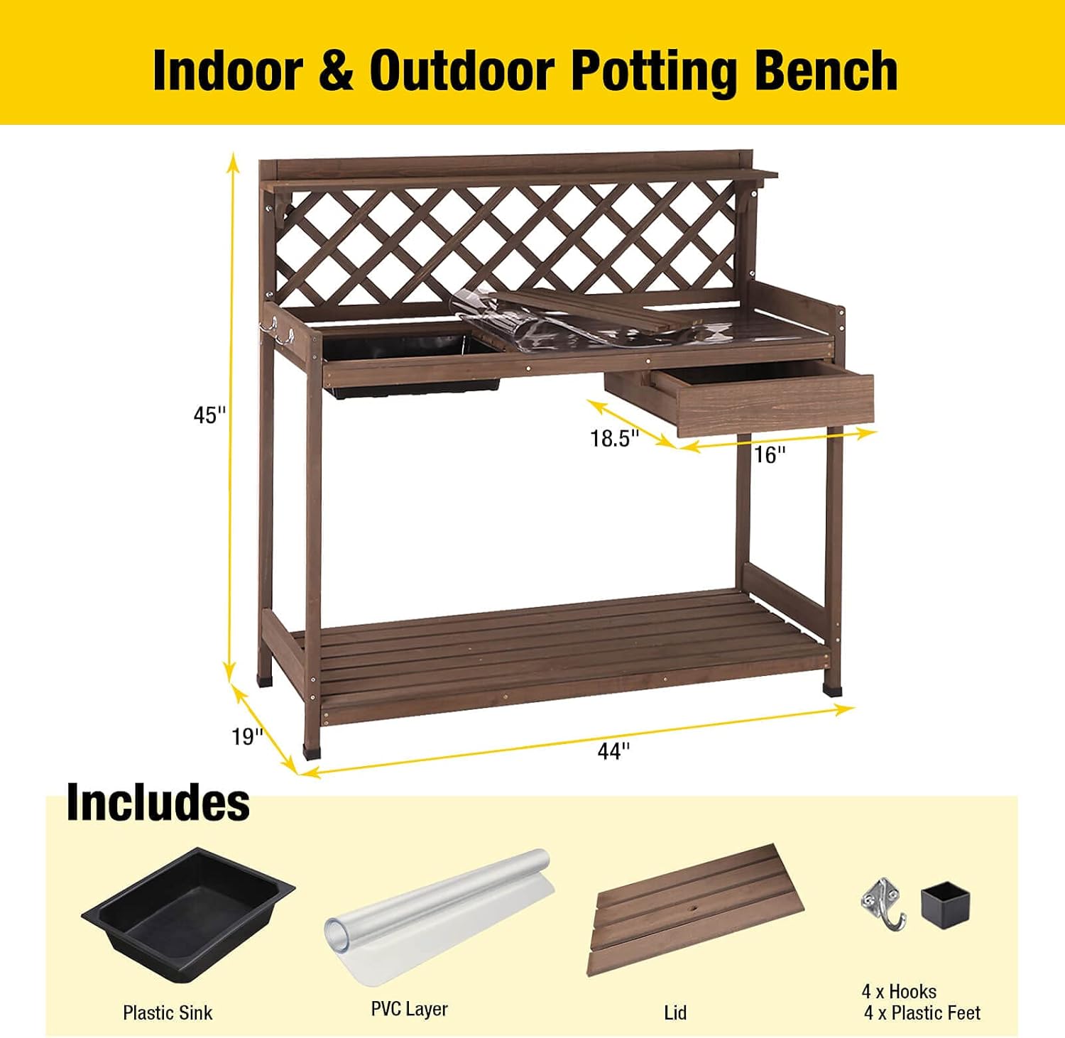 Aivituvin Potting Bench with PVC Layer, Outdoor Gardening Work Bench with Sink & Lid, Wooden Planting Table for Outside with Storage, Drawer, Shelf, Hook