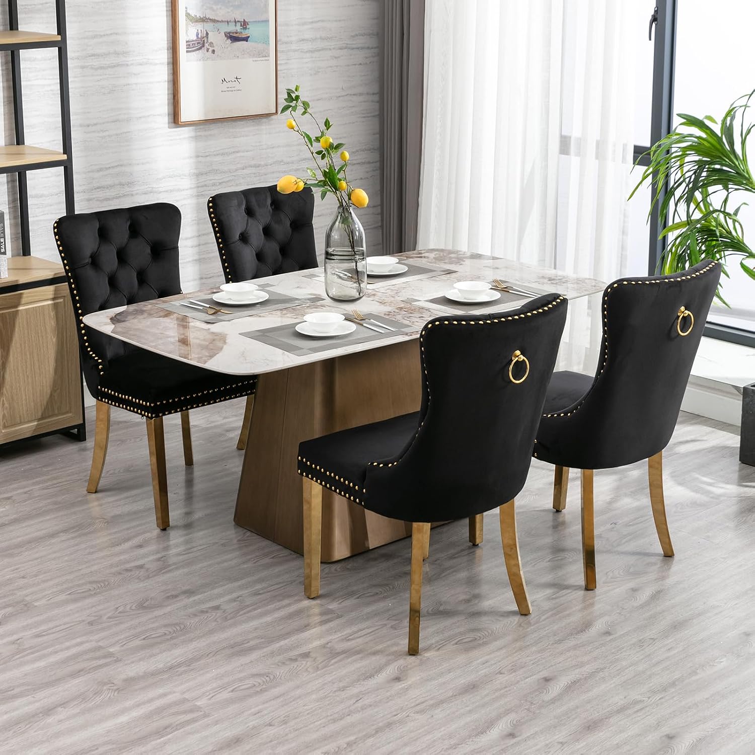 Mid Century Modern Dining Chairs Set of 6, Black Velvet Upholstered Tufted Back, Kitchen & Dining Room Chairs, Gold Metal Legs, Nailhead Trim, Sillas para Comedor (Black, 6 Pcs)