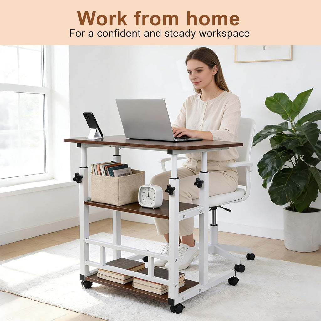 Portable Rolling Desk on Wheels with Adjustable Height, Compact Laptop & Small Computer Desk for Bedroom, Home Office with Storage Shelves and Phone Holder (Walnut)