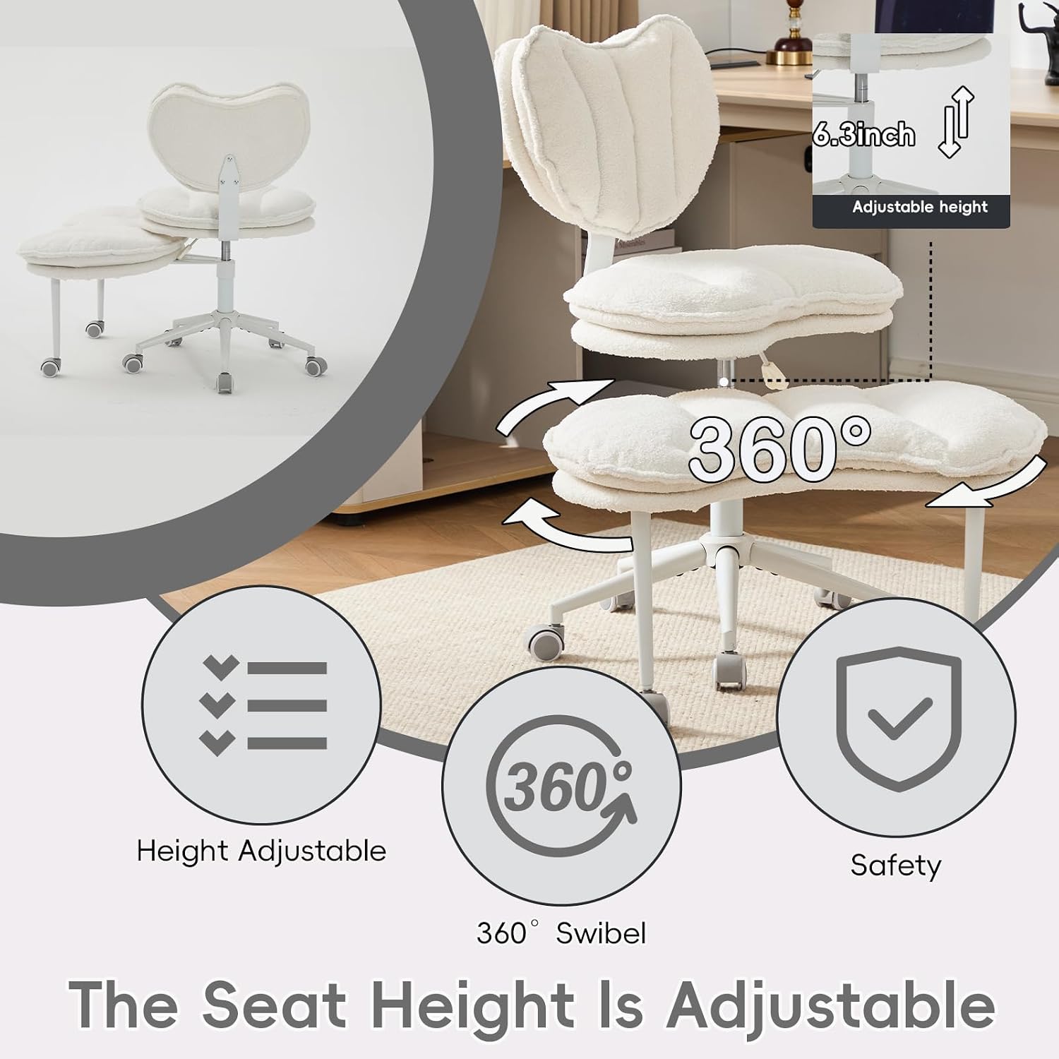 Meditation Chair with Wheels, Ergonomic Criss Cross Chair, Adjustable ADHD Floor Sitting Chair, Swivel Cross Legged Office Chair with High Back, Kneeling Posture Chair, Comfortable Fabric（Beige）