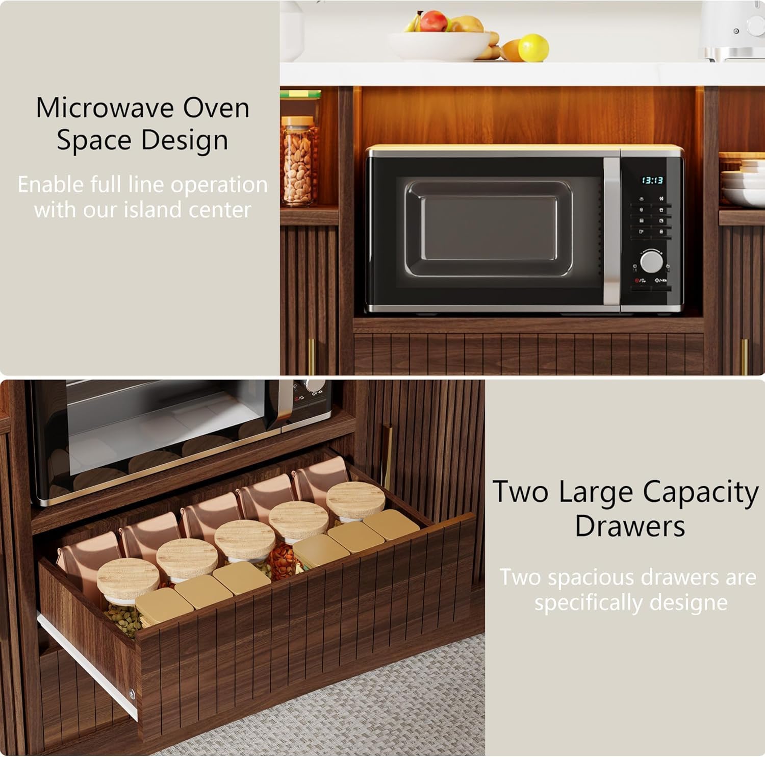 Kitchen Island with Power Outlet and LED Lights, 47" Rolling Kitchen Island Table with Storage, Marble Top Mobile Kitchen Cart on Wheels with Microwave Space & Drawers & Sliding Doors, Walnut