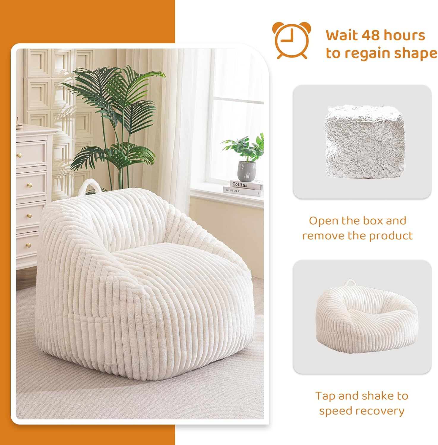 BYBYME Giant Bean Bag Chair for Adults and Kids, Large Comfy Cozy Beanbag, Floor Sofa for Teens, Living Room, Gaming, Reading, Beige