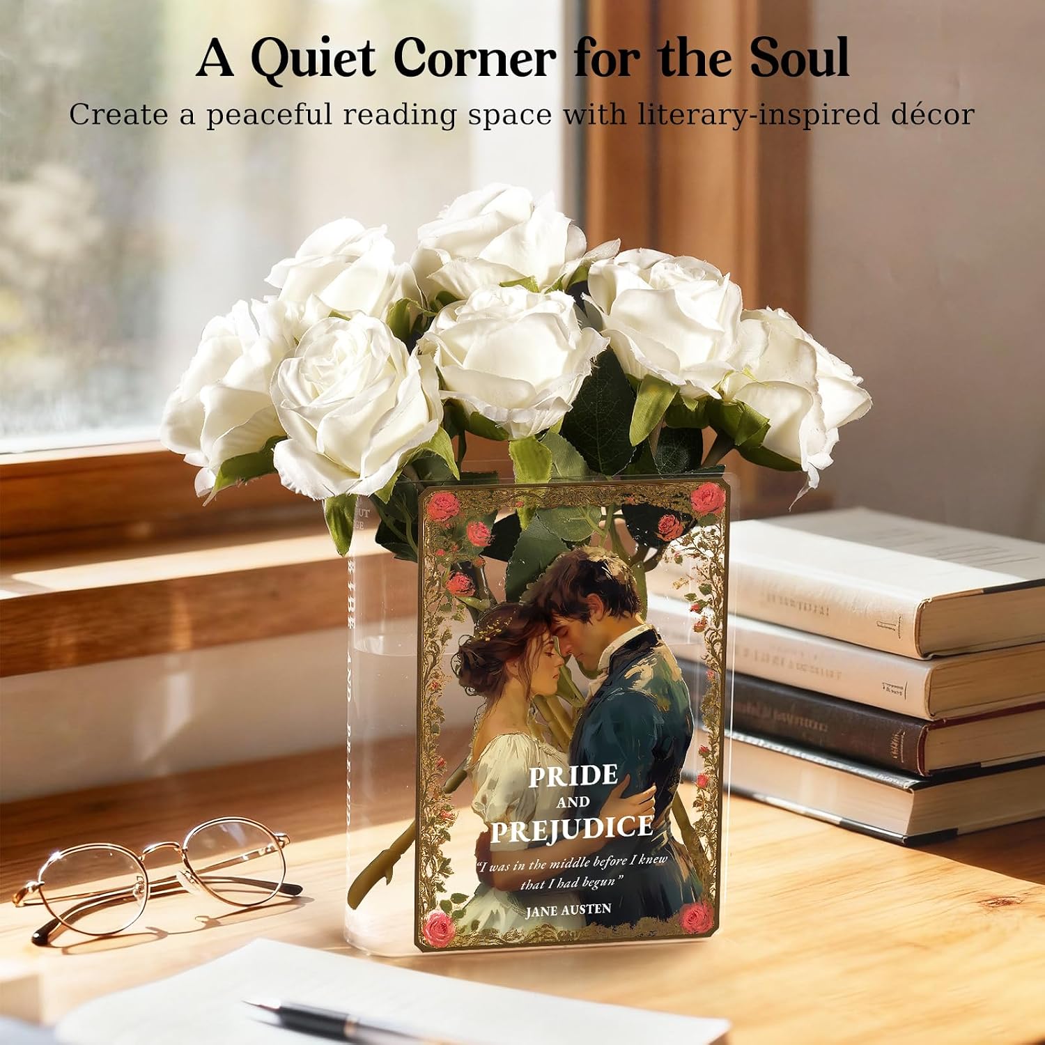 Alpharan Pride and Prejudice Inspired Book Vase, Flower Vases for Tables | Acrylic Book-Shaped Flower Vase,Bookshelf Decor,Book Lovers Book Club Gifts,Jane Austen Gifts, Birthday Gifts for Women Mom