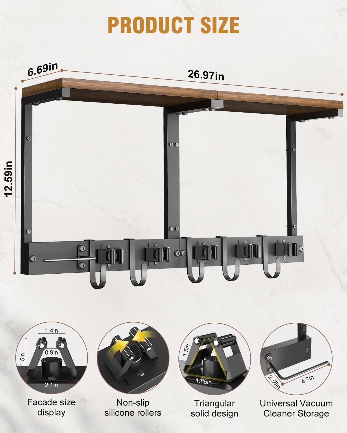 Supforce Broom Holder Wall Mount with Top Wooden Shelf, Heavy Duty Metal Cleaning Supplies Broom Hanger with Vacuum Organizer and 5 Slots & 5 Hooks for Laundry Garage Tool Storage Kitchen (Large)