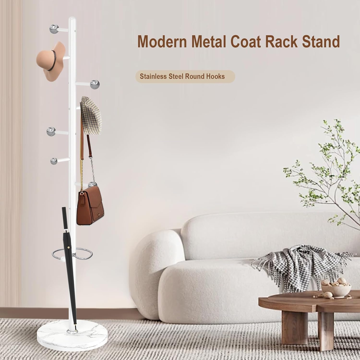 Coat Rack Stand, White Metal Coat Rack Freestanding with 8 Hooks | Coat Rack with Natural Marble Base,Modern Coat Hanger Stand, 3 Adjustable Coat Hall Clothes Tree Stand for Office