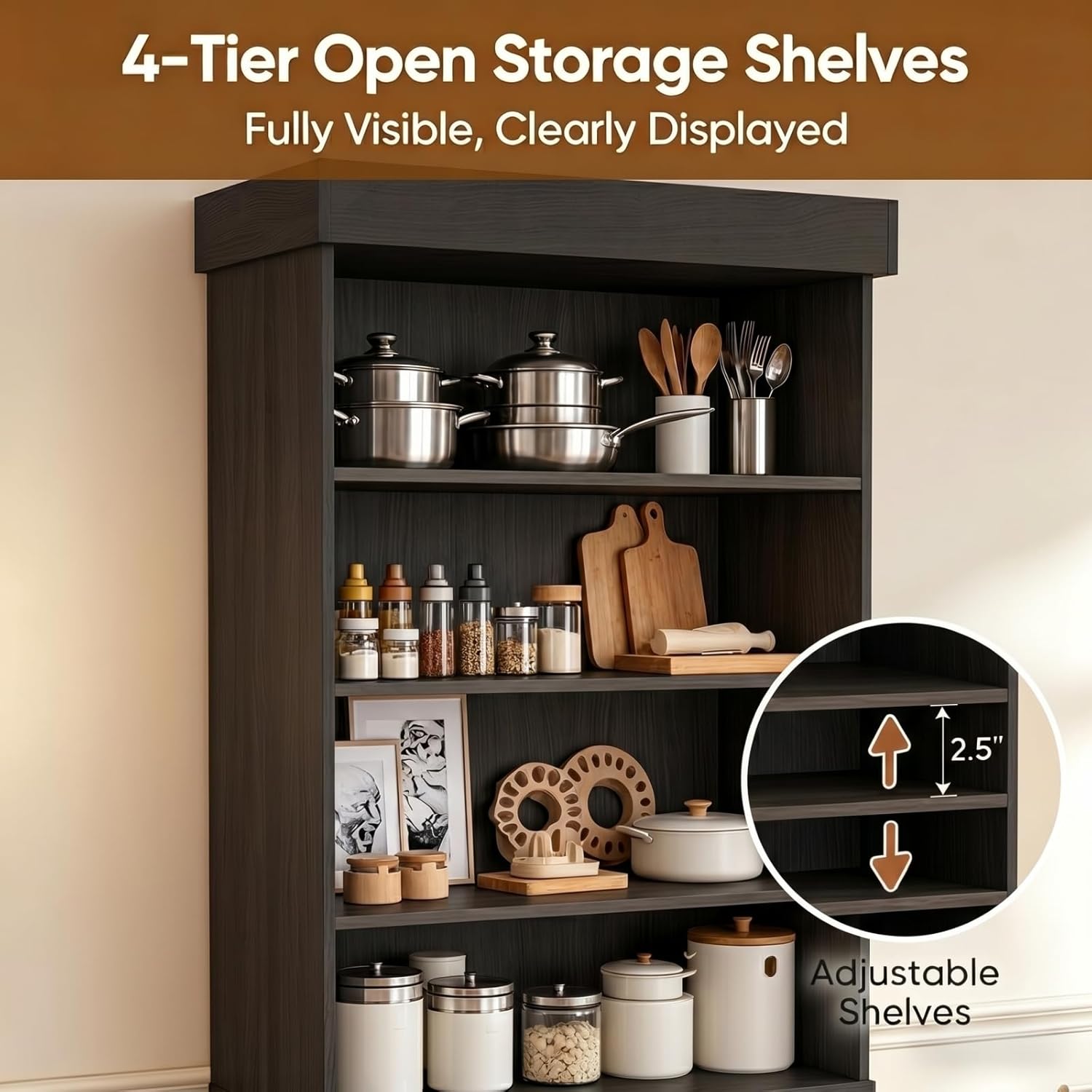 Vyre 71" Tall Farmhouse Kitchen Pantry, Large Storage Cabinets with Glass Doors, Hutch Cabinet with 3 Drawers, Adjustable Shelves for Living Room, Dining Room, Black