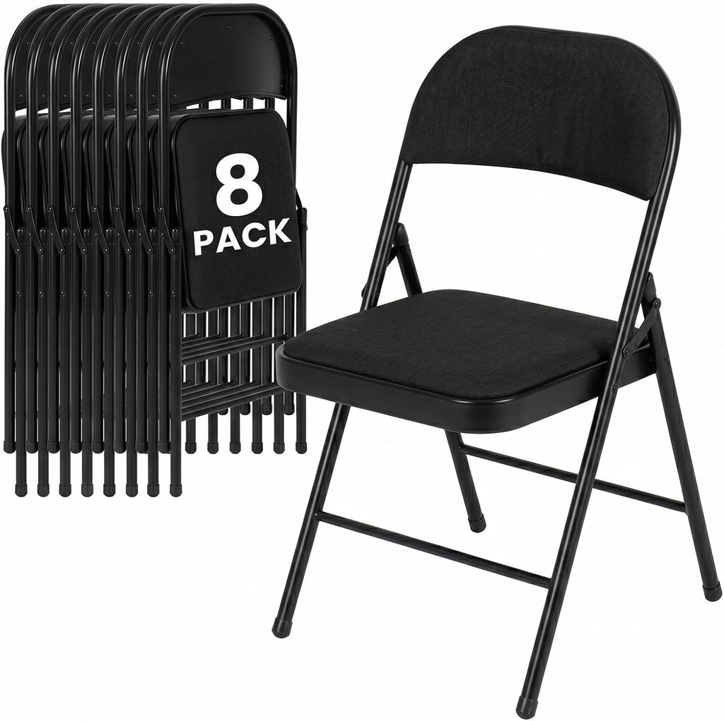 8 Pack Folding Chairs, Fabric Dining Chair Set with Padded Cushion and Back, Indoor Outdoor Seat for Home Office, Parties, Events, Wedding, Extra Guest Seating, Obsidian Black