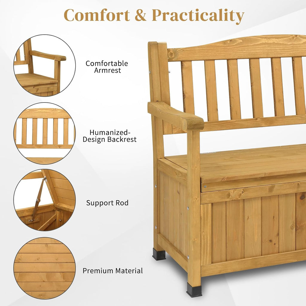 44Inch Fir Wood Yard Storage Bench with Backrest & Armrest, Outdoor Patio Seat Box, Outdoor Storage Bench Fir Wood Yard Box Patio Seating Garden Furniture, Garden Seating | Yard Storage Benchs