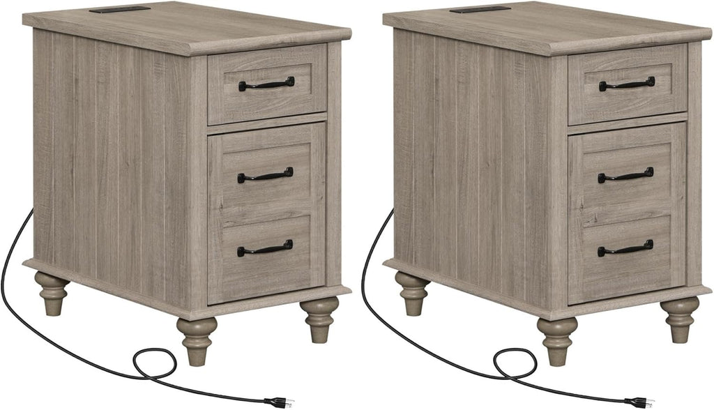 WAMPAT 2 Pack End Tables with Charging Station, Farmhouse Side Table with Drawer & Storage Cabinet, Gray Nightstands with Power Outlets & USB Ports for Living Room, Bedroom