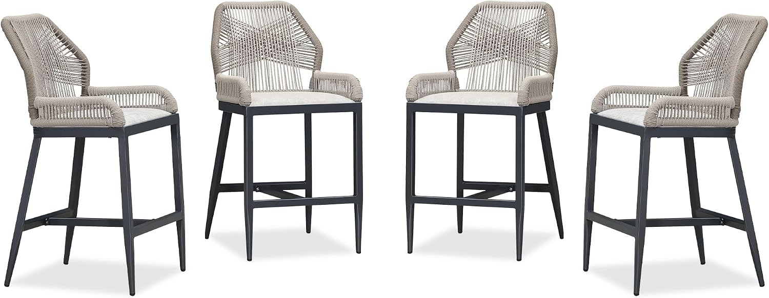 PURPLE LEAF 4 Pieces Counter Height Bar Stools Patio Boho Rattan Barstools Aluminum Woven Bar Chairs with Cushions for Outdoor Kitchen Island Garden