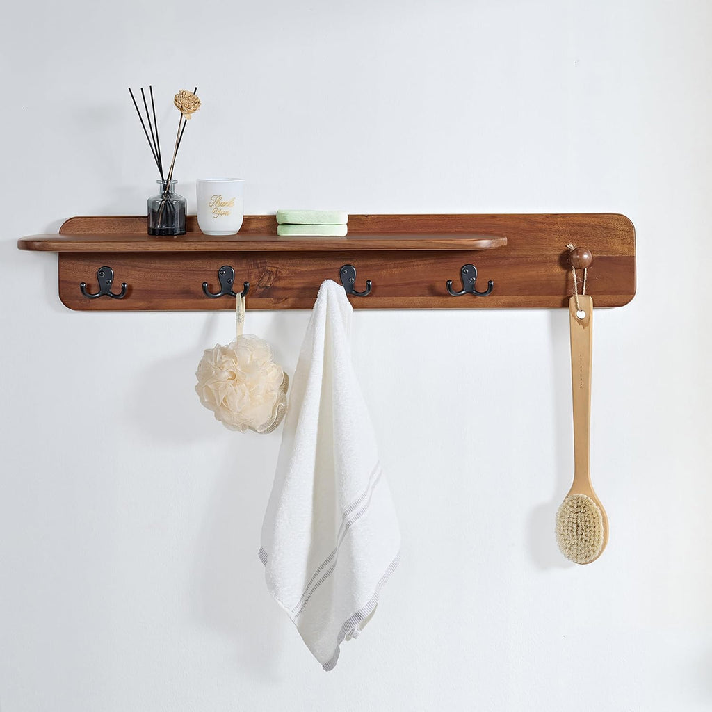 Alaterre Furniture Calais 36 Inch Wall Mount Coat Rack with Shelf with 4 Coat Hooks and Peg – Acacia Wood Wall Hangers (Chestnut)