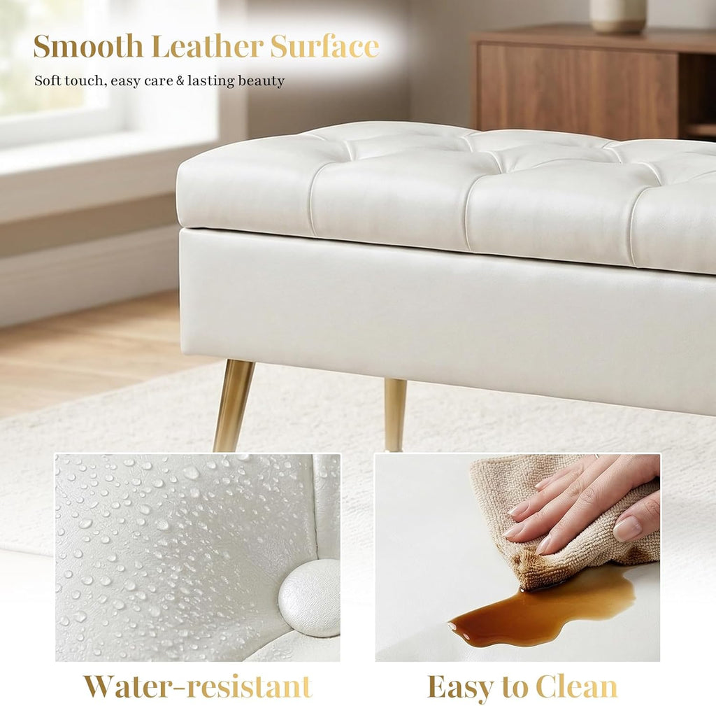 SNOWDROP 40" Upholstered Storage Bench – Ivory White End of Bed Bench with Gold Metal Legs, Button-Tufted Modern Faux Leather Ottoman Bench for Bedroom, Entryway & Living Room