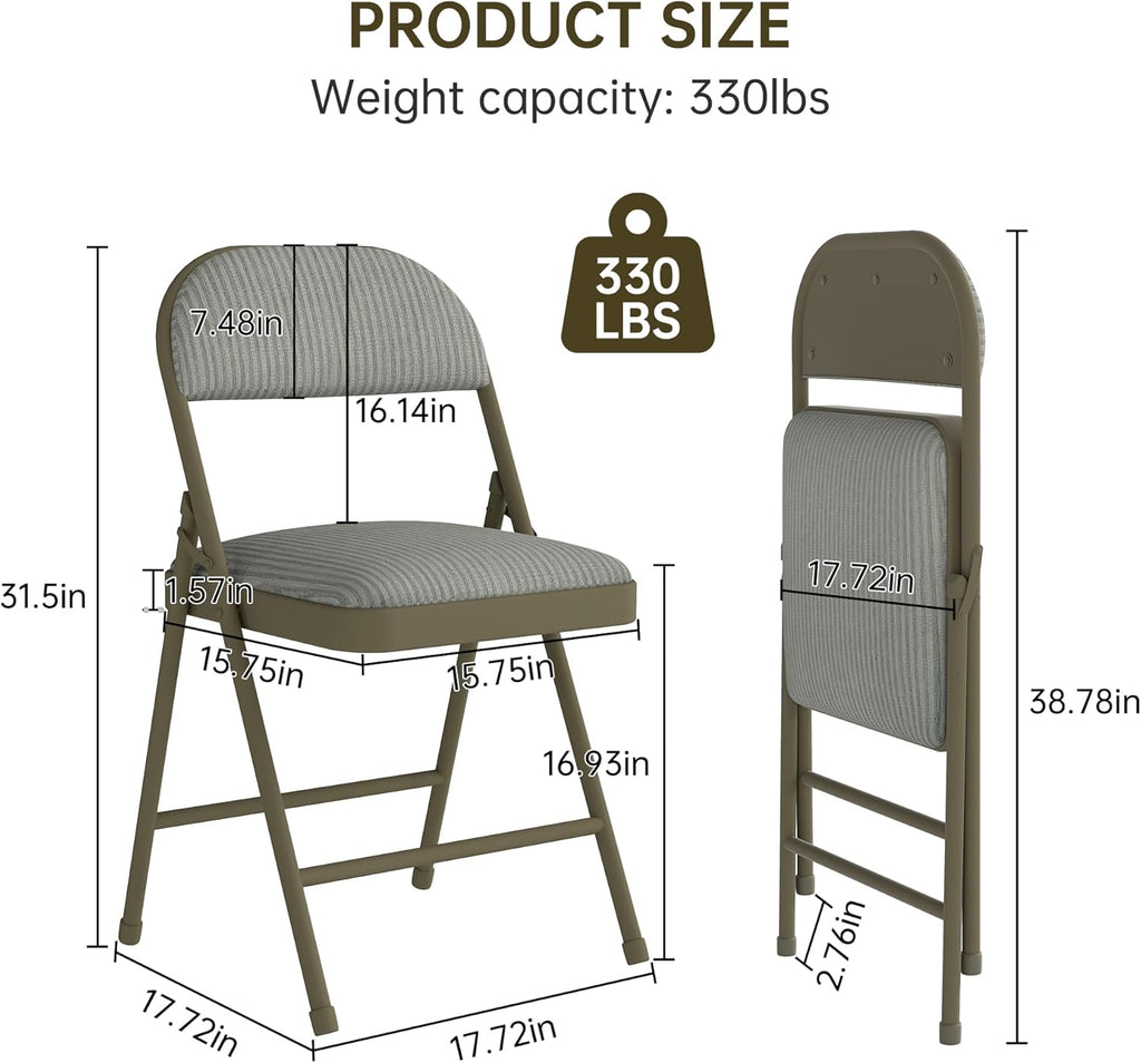 4 Pack Padded Cushion and Back Folding Chairs, Fabric Dining Chair Set with Steel Frame Metal for Home and Office, for Indoor and Outdoor Events, (Fabric Oatmeal Strip)