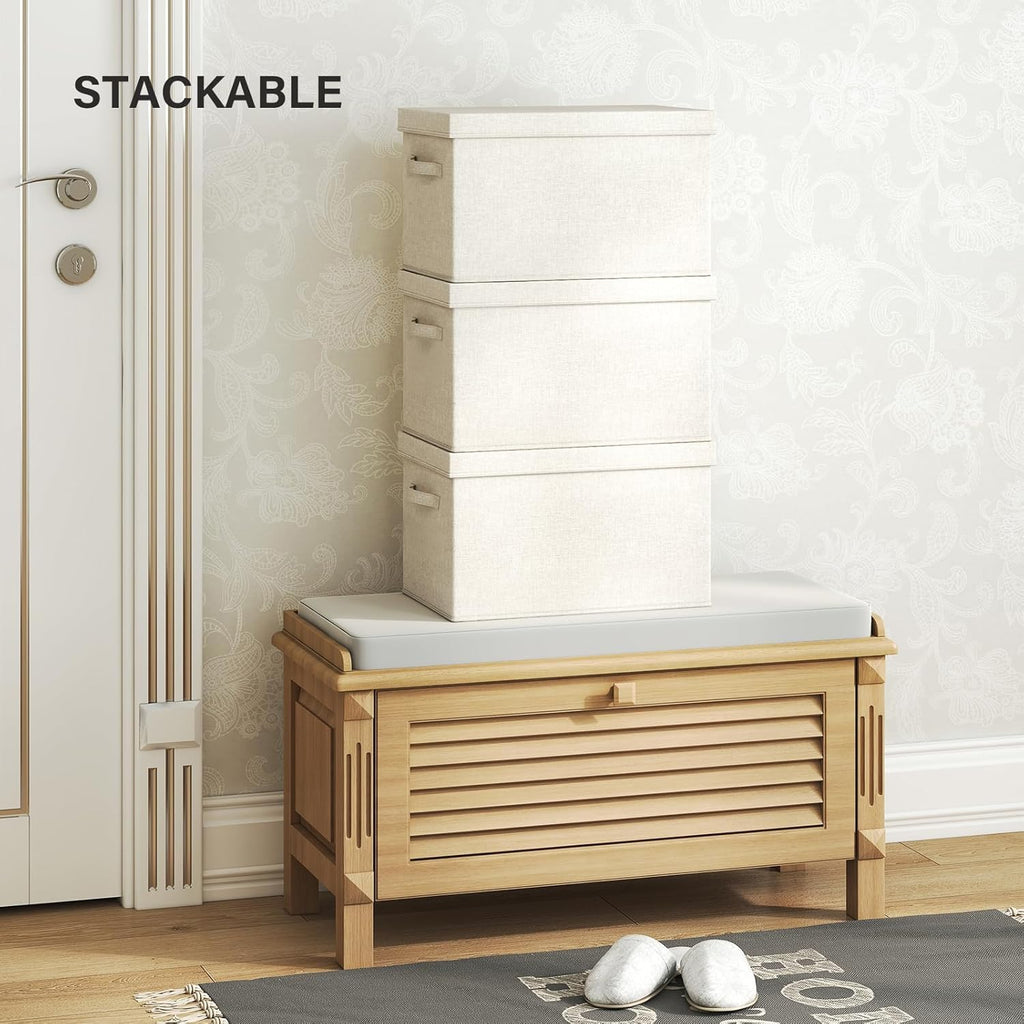 Fabric Storage Bins with Lids 14.6*10.6*10.2 in, 2-Pack Storage Baskets for Closet, Large Linen Organizers and Storage Bins for Bedroom, Collapsible Baskets and Bins with Handles, Off White