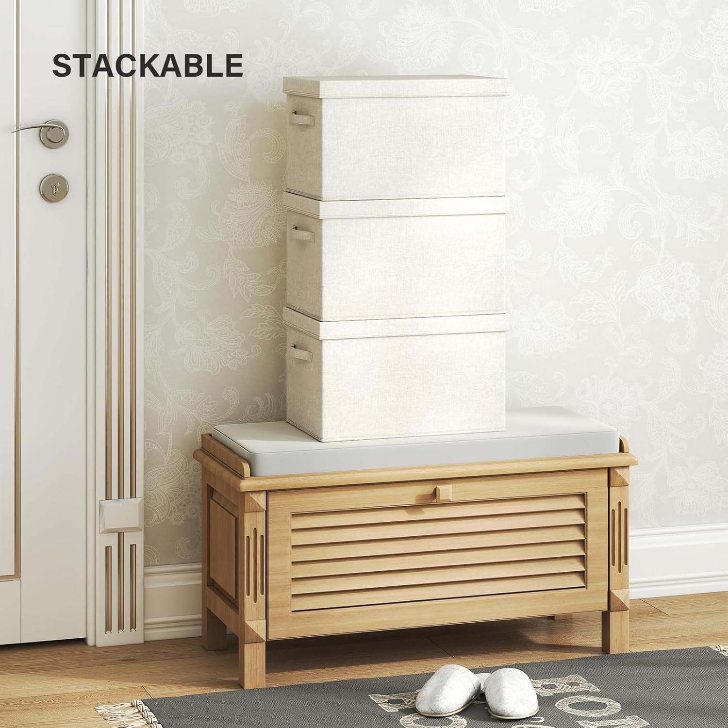 Fabric Storage Bins with Lids 14.6*10.6*10.2 in, 2-Pack Storage Baskets for Closet, Large Linen Organizers and Storage Bins for Bedroom, Collapsible Baskets and Bins with Handles, Off White