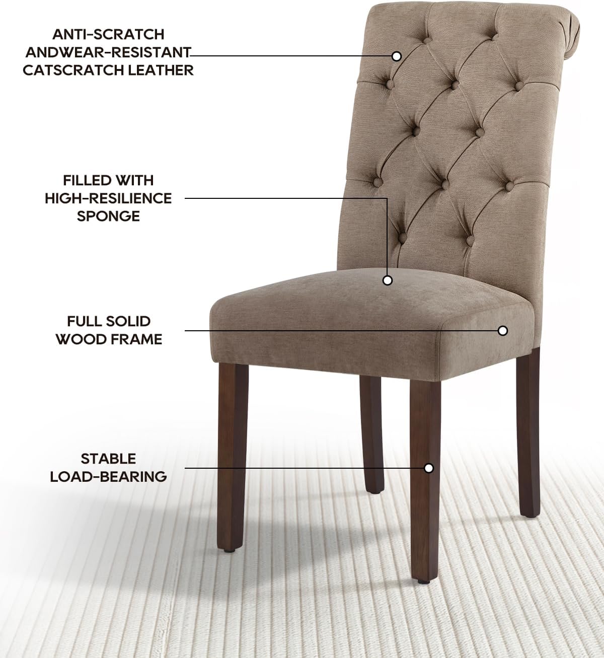 Dining Chairs Set of 6, Button Tufted Parsons Upholstered Chairs with Solid Wood Legs, Mordern Fabric Kitchen Chairs for Dining Room，Taupe