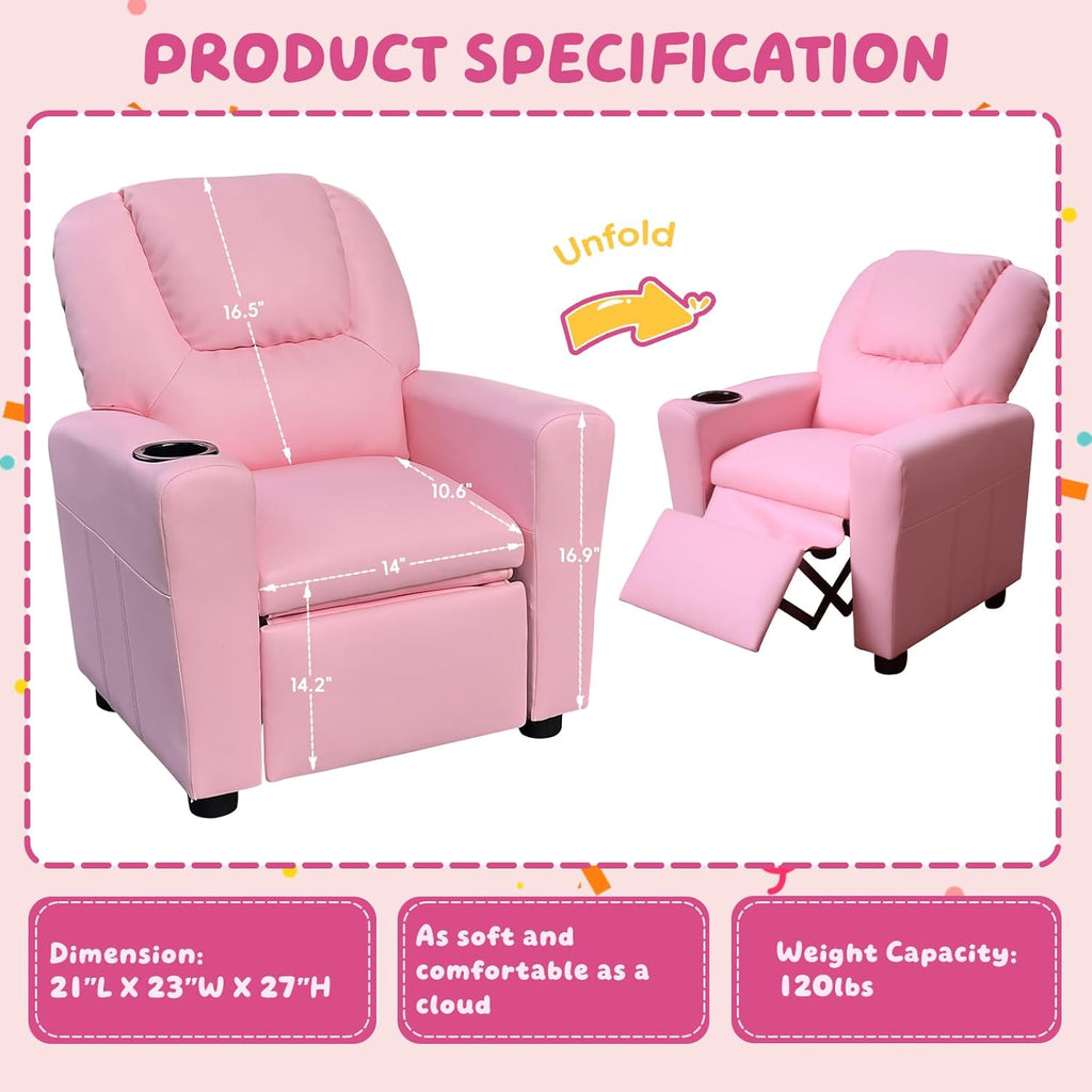 Kids Recliner with Cup Holder, PU Leather Toddler Recliner for Kids Age 1-4 w/Backrest & Footrest, Children’s Lounge Chair for Boys & Girls, Small Recliner for Bedroom Playroom Living Room (Pink)