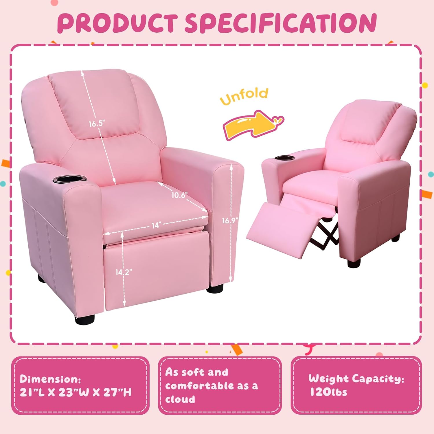 Kids Recliner with Cup Holder, PU Leather Toddler Recliner for Kids Age 1-4 w/Backrest & Footrest, Children’s Lounge Chair for Boys & Girls, Small Recliner for Bedroom Playroom Living Room (Pink)