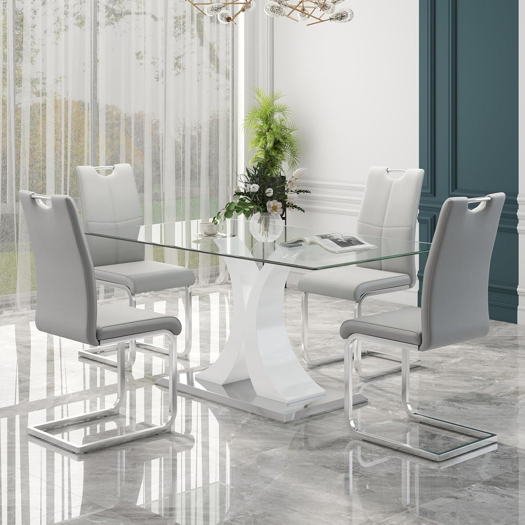 Modern Luxury Glass Dining Table for 4-6, 63'' Clear Minimalist Glass Top Kitchen Table, Large Apartment Rectangle Dinette Table with White MDF & Silver Stainless Steel Base (Easy Assembly)